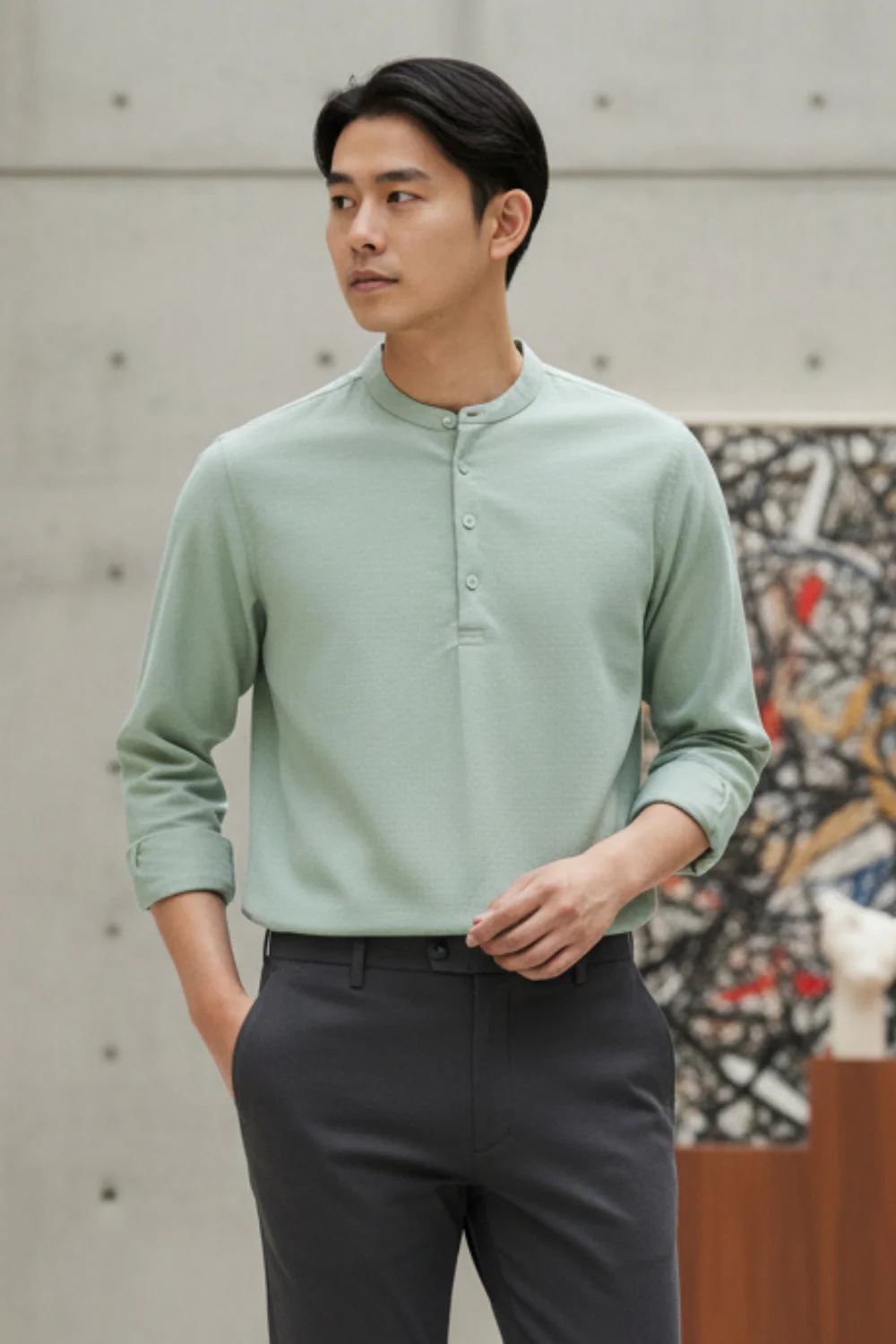 Cotton Mandarin Collar Bay Shirt - Image 10