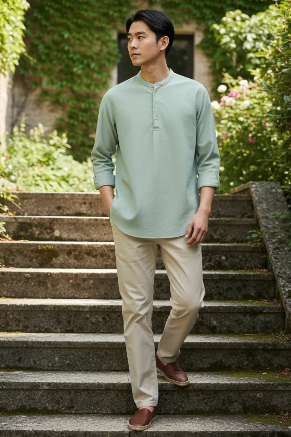 Cotton Mandarin Collar Bay Shirt - Image 9