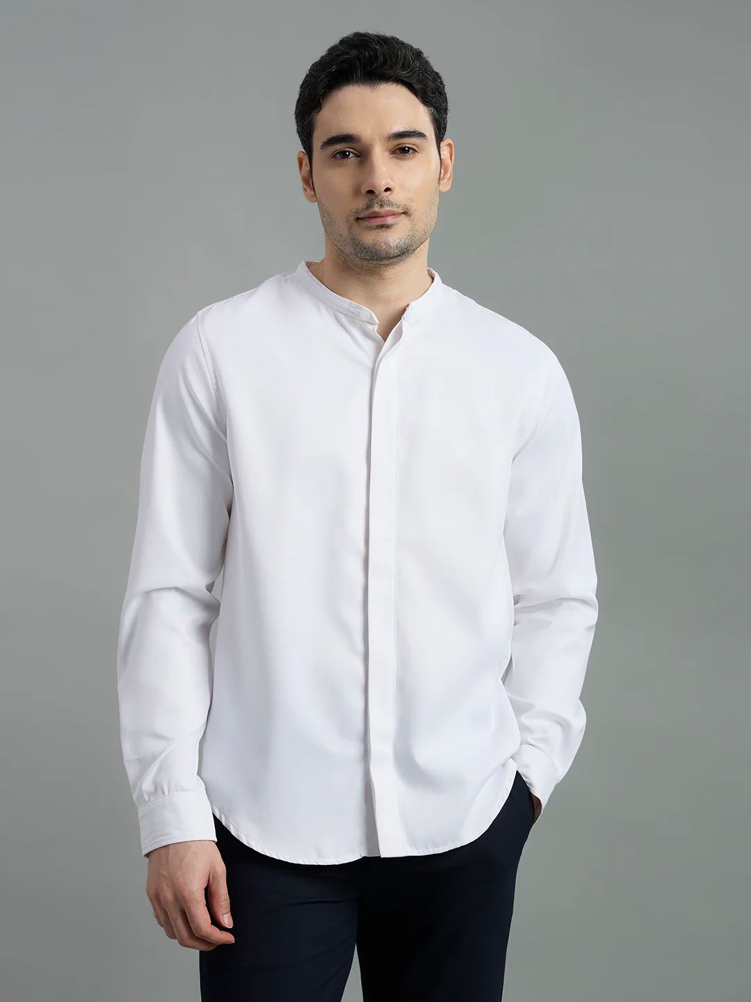 Cotton Mandarin Collar Key Shirt - Image 3